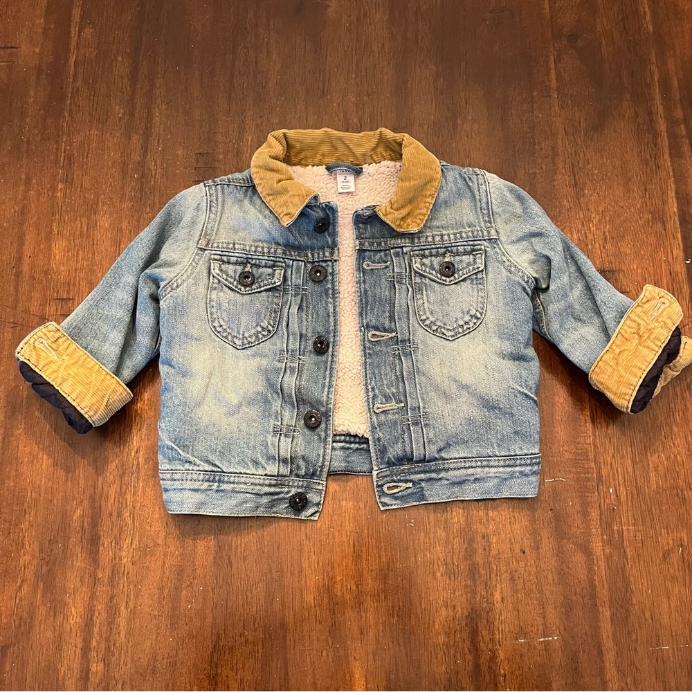 Baby Gap Unisex Sherpa Lined Corduroy Trimmed Blue Denim Jean Jacket Size 2T